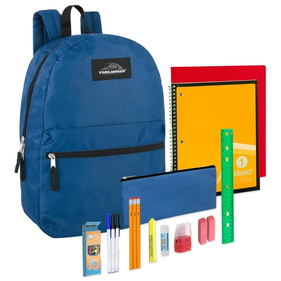17"L Classic Solid Color Backpack with 20 Piece Stationary Kit Containing 1 Notebook, 1 Folder, 3 Pencils, 3 Pens, 1 Sharpener, 2 Erasers, 1 Box of Crayons, 1 Ruler & More in Navy Blue