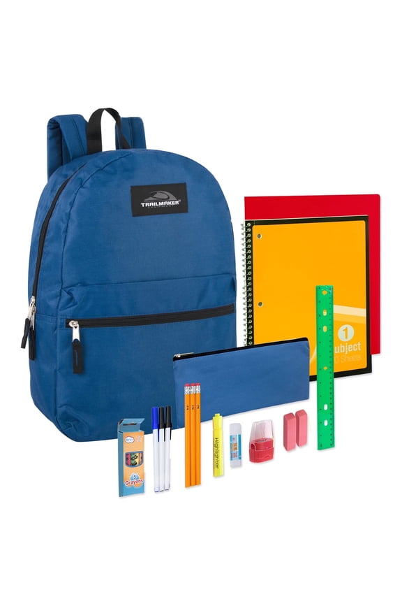 17"L Classic Solid Color Backpack with 20 Piece Stationary Kit Containing 1 Notebook, 1 Folder, 3 Pencils, 3 Pens, 1 Sharpener, 2 Erasers, 1 Box of Crayons, 1 Ruler & More in Navy Blue