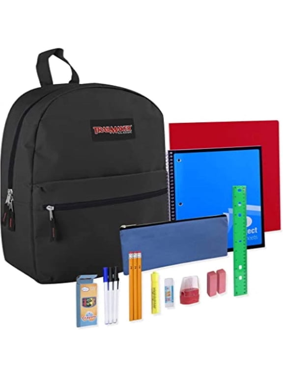 17"L Classic Solid Color Backpack 20 Piece Stationary Kit Containing 1 Notebook, 1 Folder, 3 Pencils, 3 Pens, 1 Sharpener, 2 Erasers, 1 Box of Crayons, 1 Glue Stick, 1 Ruler & More in Black