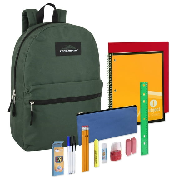17"L Classic Solid Color Backpack with 20 Piece Stationary Kit Containing 1 Notebook, 1 Folder, 3 Pencils, 3 Pens, 1 Sharpener, 2 Erasers, 1 Box of Crayons, 1 Ruler & More in Hunter Green