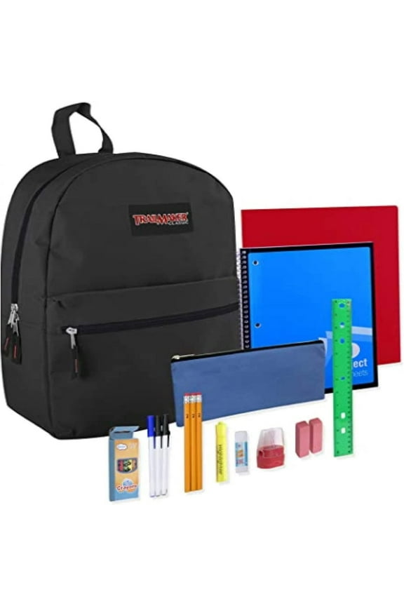 17"L Classic Solid Color Backpack 20 Piece Stationary Kit Containing 1 Notebook, 1 Folder, 3 Pencils, 3 Pens, 1 Sharpener, 2 Erasers, 1 Box of Crayons, 1 Glue Stick, 1 Ruler & More in Black