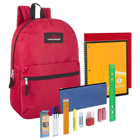 17"L Classic Solid Color Backpack 20 Piece Stationary Kit Containing 1 Notebook, 1 Folder, 3 Pencils, 3 Pens, 1 Sharpener, 2 Erasers, 1 Box of Crayons, 1 Ruler & More in Red