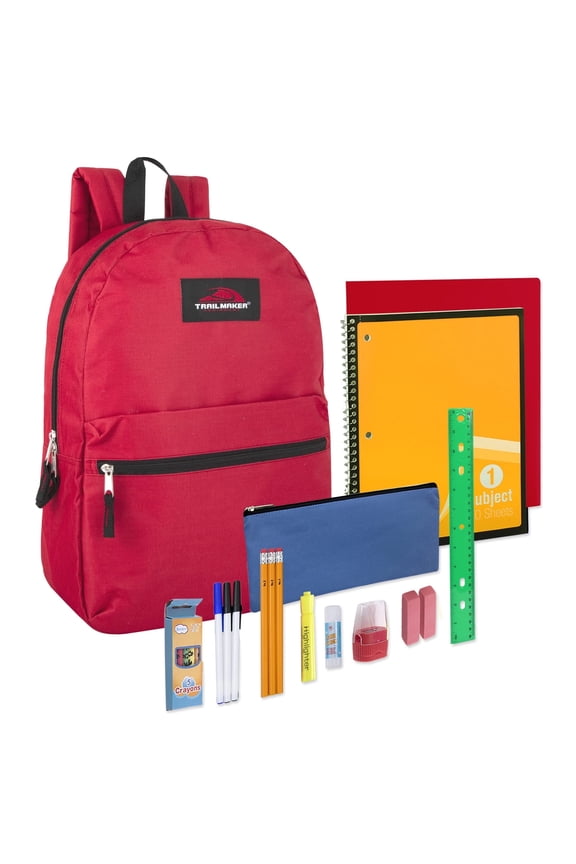 17"L Classic Solid Color Backpack 20 Piece Stationary Kit Containing 1 Notebook, 1 Folder, 3 Pencils, 3 Pens, 1 Sharpener, 2 Erasers, 1 Box of Crayons, 1 Ruler & More in Red