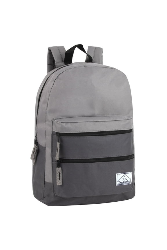 17”L Multi Pocket Dual Zipper Backpack with 2 Front Zippered Accessory Pockets and Large Main Compartment for Work, School, Travel and Commute in Charcoal and Gray