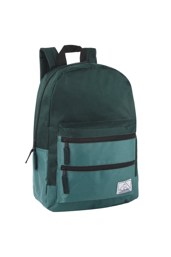 17”L Multi Pocket Dual Zipper Backpack with 2 Front Zippered Accessory Pockets and Large Main Compartment for Work, School, Travel and Commute in Teal and Forest Green