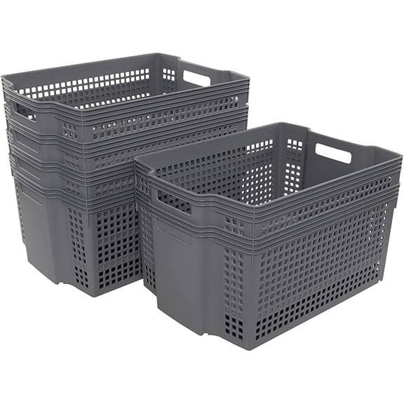 17 L Plastic Stacking Storage Baskets, Grey Stackable Storage Bin, 6-Pack
