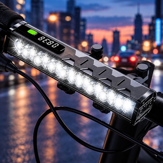 17 LED Bike Front Light Black with Digital Display, Metal Handlebar ...