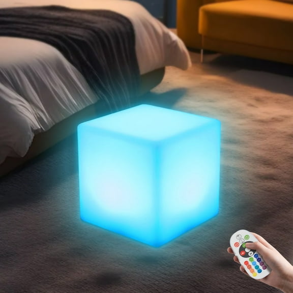 17" LED Color Glowing Cube Stool, Brightness Cube Led Color Change, 16 RGB Adjustable Light Colors, 4 Light Modes, Cordless Cube Seat Chair Waterproof w/Remote, Night Light