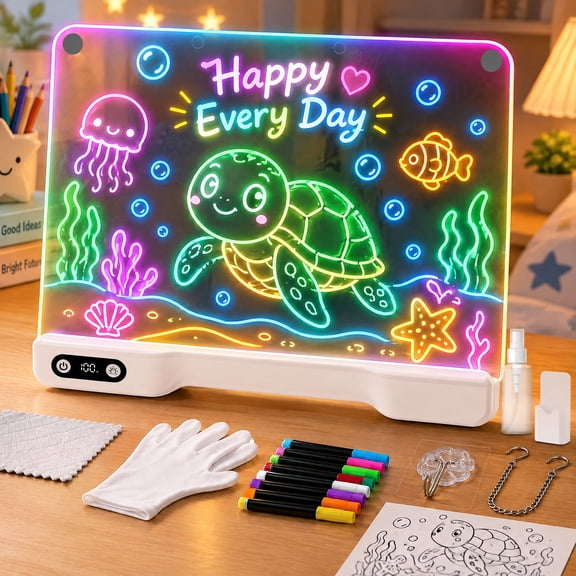 17" LED Drawing Board with 10 Light Modes, Rechargeable Doodle & Message Board with Stand