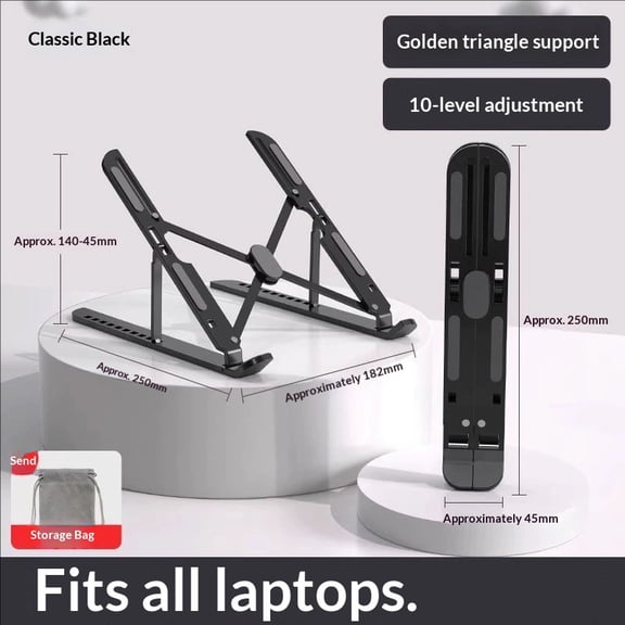 Adjustable Aluminum Laptop Stand, Portable Foldable Notebook Riser for 17" Laptops, Cooling Ventilated Desktop HolderBlack