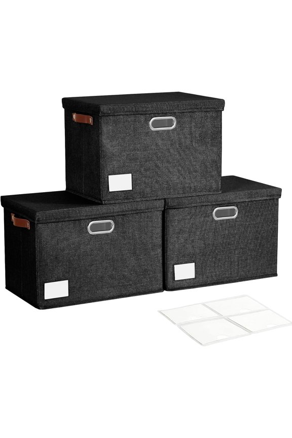 17" Large Collapsible Storage Bins with , Stackable Closet Organizers with PU Handle and Labels, 3- Decorative Fabric Storage Boxes for , , Closet, Office, (Black)