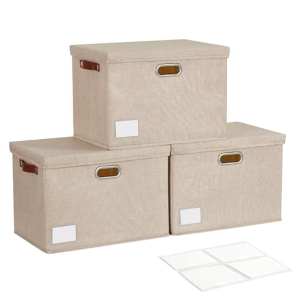 17 Large Collapsible Storage Bins with Lids Stackable Closet Organizers with PU Handle and Labels 3-Pack Decorative Fabric Storage Boxes for Home Bedroom Closet Office Nursery Khaki