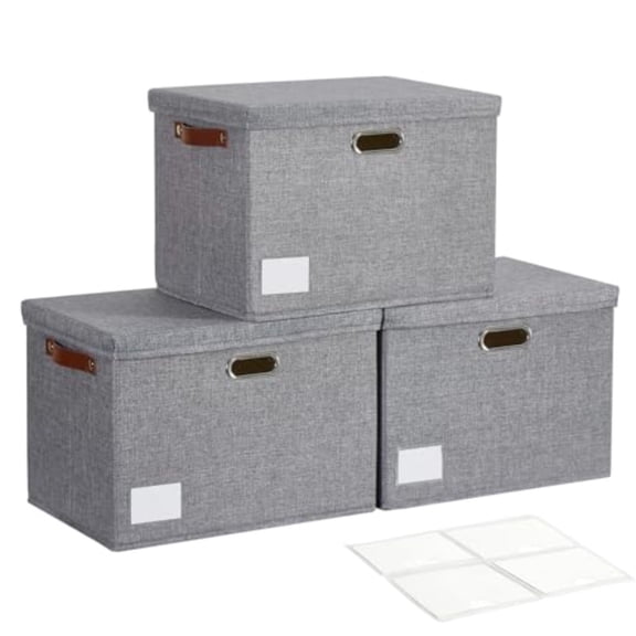 17 Large Collapsible Storage Bins with Lids Stackable Closet Organizers with PU Handle and Labels 3-Pack Decorative Fabric Storage Boxes for Home Bedroom Closet Office Nursery Gray