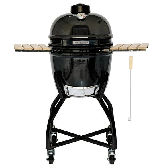 17" Large Kamado Gourmet; Ceramic Grill & Smoker - Black Pepper - Includes Cart, Side Shelves, and Forge Fire Chamber