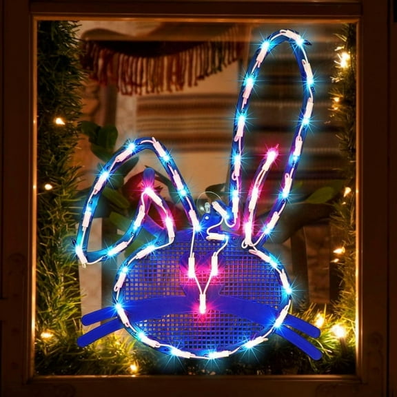 17" Lighted Blue Easter Bunny Head Window Silhouette