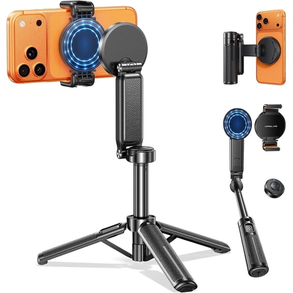 17" Magnetic Phone Tripod & Selfie Stick for iPhone Android, Pocket-Size 4.5" Travel Tripod with Wireless Remote, Detachable Clamp, 360Rotating for MagSafe Tripod - Max 17", Mini 4-in-1 Selfie Stick