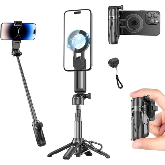 17" Magnetic Tripod Stand for iPhone, 3-in-1 Pocket Selfie Stick Tripod with Detachable Remote, Portable Cell Phone Stand Mini Phone Grip Handle Compatible with iPhone/Android, Video Recording