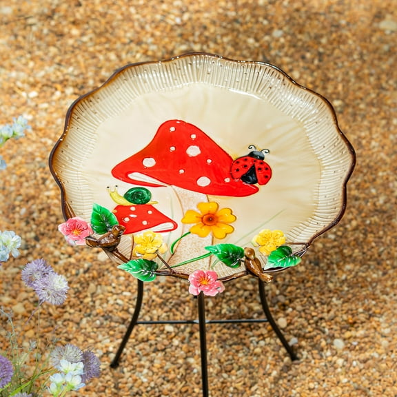 17" Metal Sculpted Edge Bird Bath, Flowers & Mushrooms