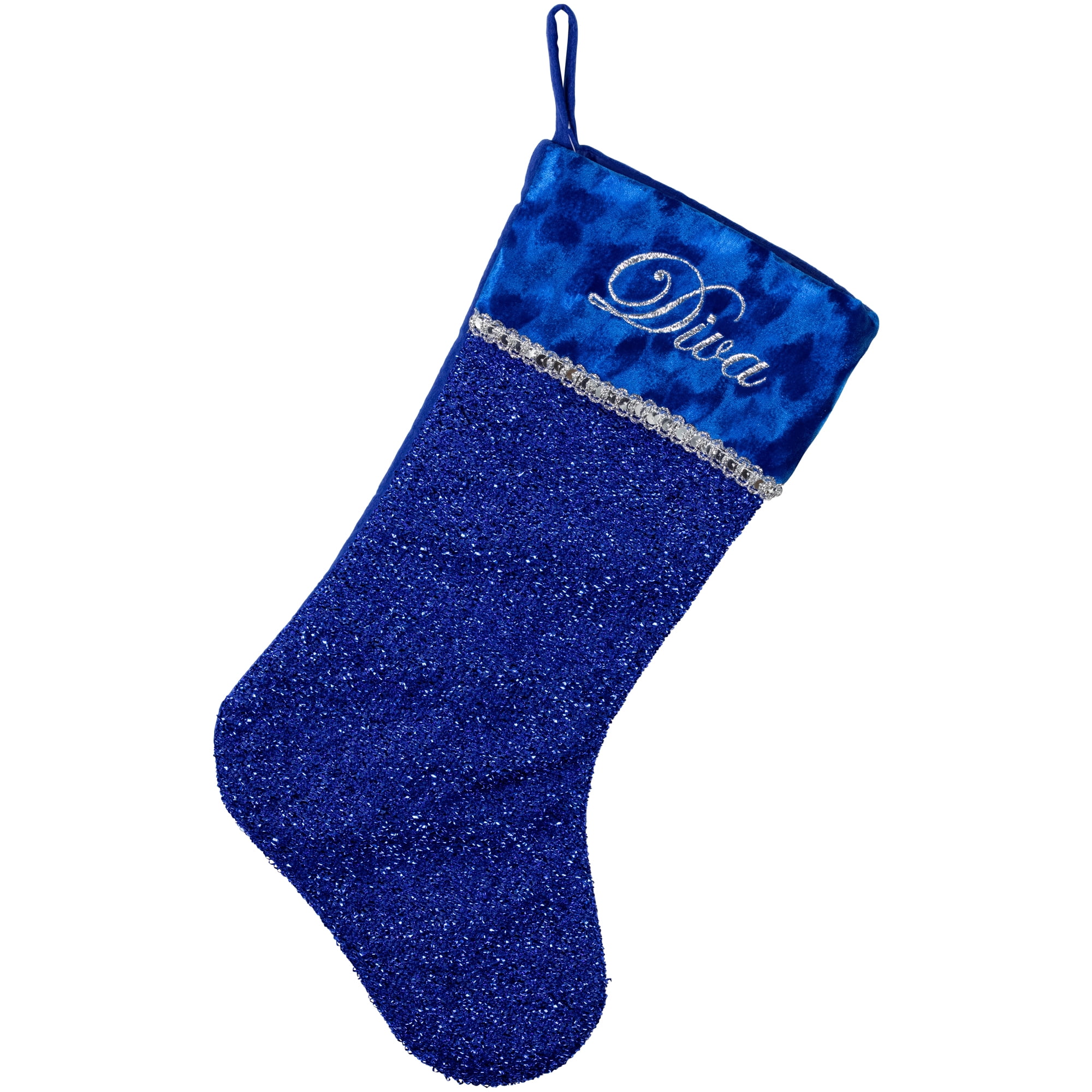 17" Metallic Royal Blue Embroidered "Diva" Christmas Stocking with Shadow Velveteen Cuff