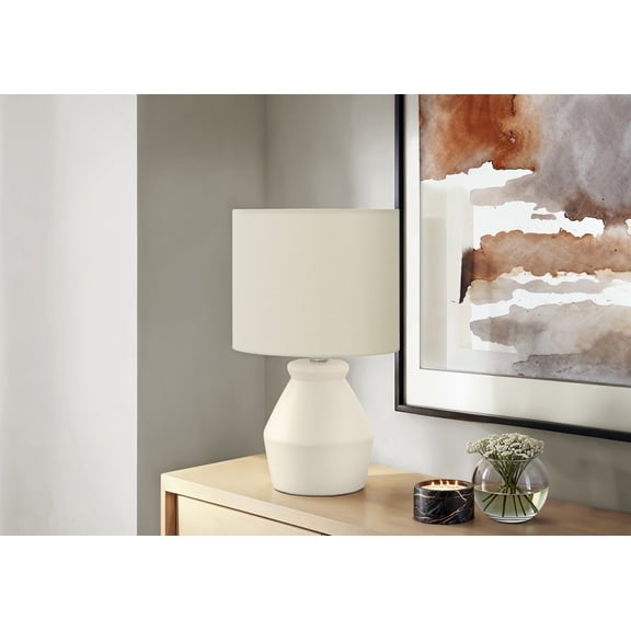 17" Modern Ceramic Table Lamp, Cream Finish, Ivory/Cream Shade, Compact Desk Light