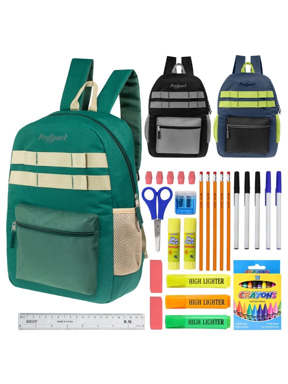 17" Multi Color Design Wholesale Backpacks in Assorted Colors & 34 pieces school supplies
