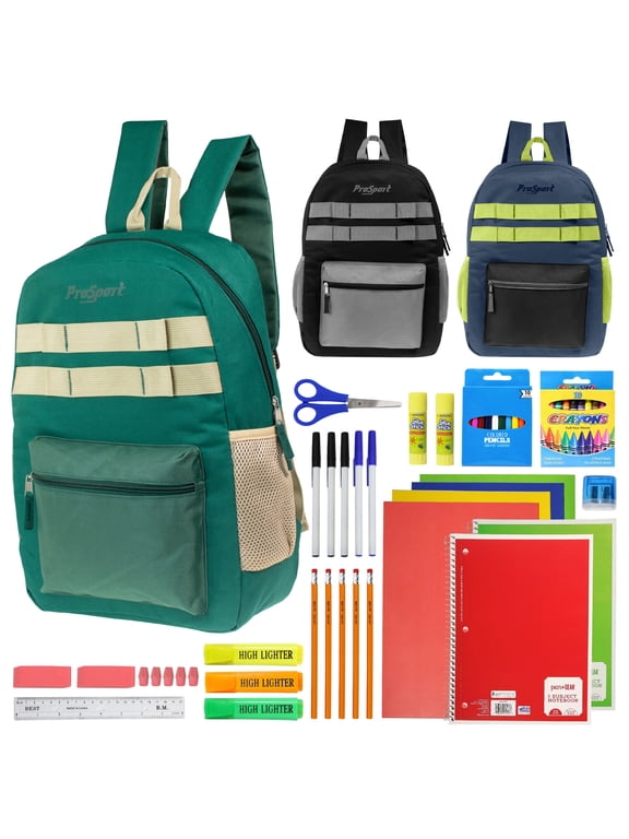 17" Multi Color Design Wholesale Backpacks in Assorted Colors & 52 pieces school supplies