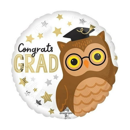 Anagram Congrats Grad Owl 18IN Graduation Round Standard Foil Balloon, White Brown