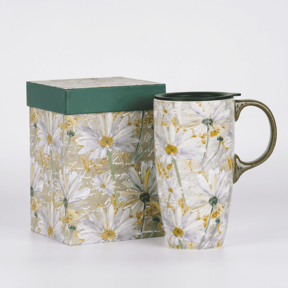 Topadorn Watercolor Daisy Ceramic Travel Mug, 17oz, Vintage Floral Print, Spill-Resistant Lid, Microwave Dishwasher Safe, Gift Boxed