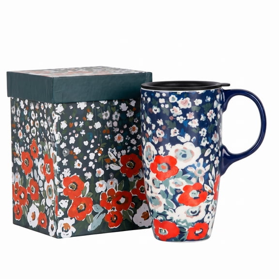 Topadorn Poppy Floral Ceramic Travel Mug, 17oz, Red Flower Print, Spill-Resistant Lid, Microwave & Dishwasher Safe, Gift Boxed