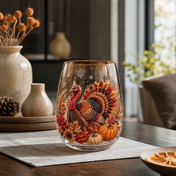 17 Oz Fall Glassware, Stemless Wine Glass with 2D Print, Autumn Harvest Printed Drinking Cup, Thanksgiving Decorative Glassware for Home Kitchen Dining Table Party Holiday Gift