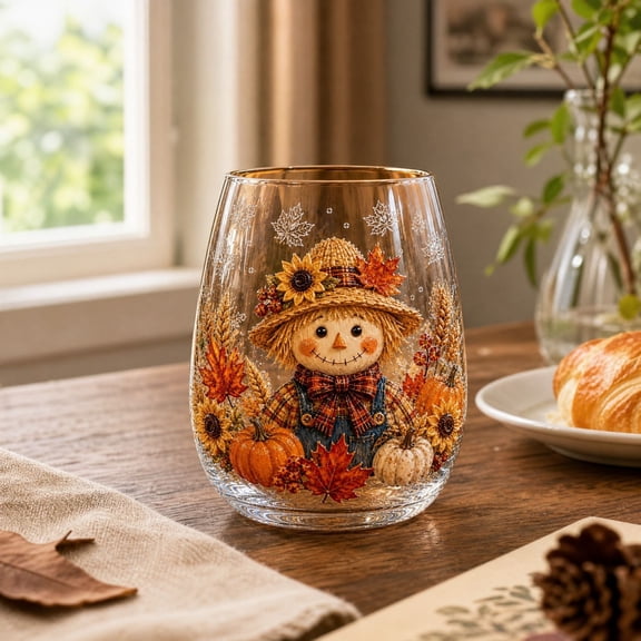 17 Oz Fall Glassware, Stemless Wine Glass with 2D Print, Autumn Harvest Printed Drinking Cup, Thanksgiving Decorative Glassware for Home Kitchen Dining Table Party Holiday Gift