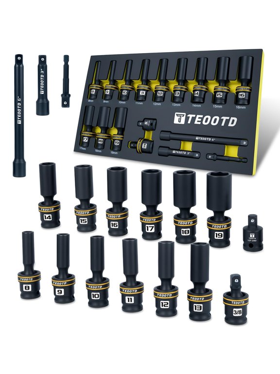 17 PCS 3/8-Inch Drive Swivel Socket Set, Metric Universal Impact Socket Set, 6-Point, 8-19mm, CR-MO Flexible Wobble Sockets,with 3" 6" Extension Bars and Adapter