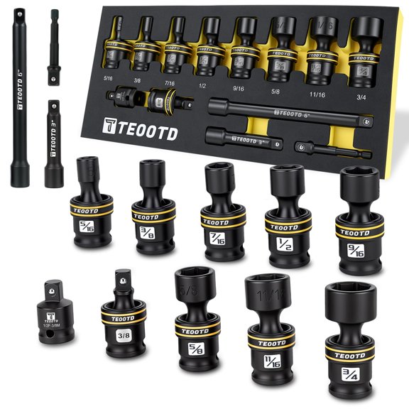 17 PCS 3/8-Inch Drive Swivel Socket Set, Metric Universal Impact Socket Set, 6-Point, 8-19mm, CR-MO Flexible Wobble Sockets,with 3" 6" Extension Bars and Adapter