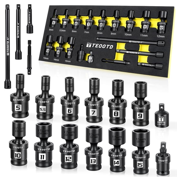 17 PCS 3/8-Inch Drive Swivel Socket Set, Metric Universal Impact Socket Set, 6-Point, 8-19mm, CR-MO Flexible Wobble Sockets,with 3" 6" Extension Bars and Adapter