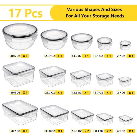 17 Pack Food Storage Containers with Lids Airtight Meal Prep Kitchen Organization