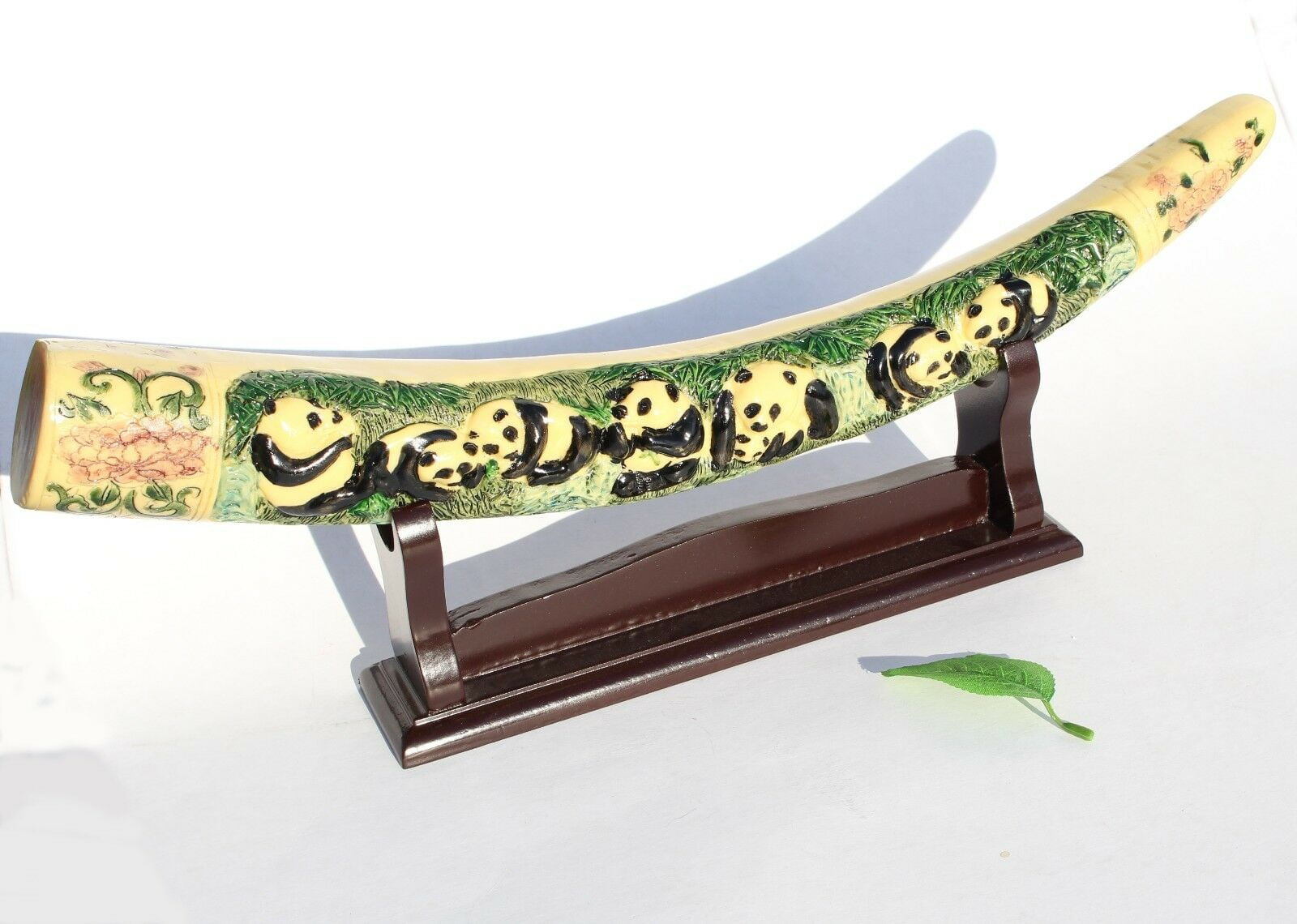 17" Panda Ivory Horn w holder Big Long Desk Room Feng Shui Display Antique Design G16926
