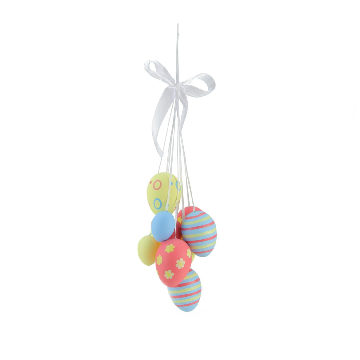 17" Pastel Yellow Blue and Pink Floral Striped Spring Easter Egg Cluster Hanging Decoration