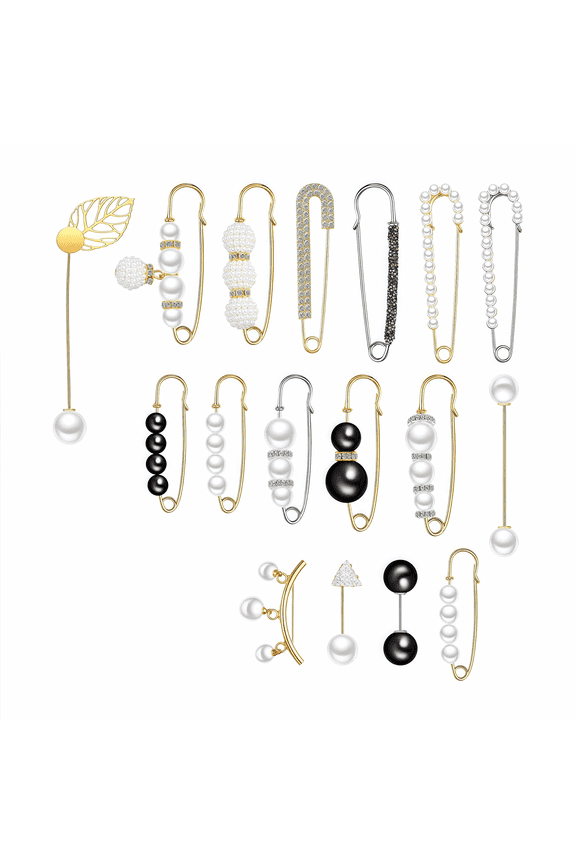 17-Pc Pearl Brooch & Safety Pin Set for Sweaters Shawls Dresses, Faux Pearls Rhinestone Decor Clothing Accessory Kit