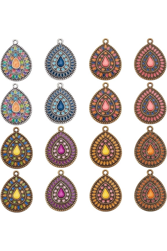 17 Pcs 8 Styles Vintage Bohemian Pendants Metal Teardrop Enamel Charms Vintage Western Pendants Loose for Necklace Sweater Chain Crafts Making Jewelry