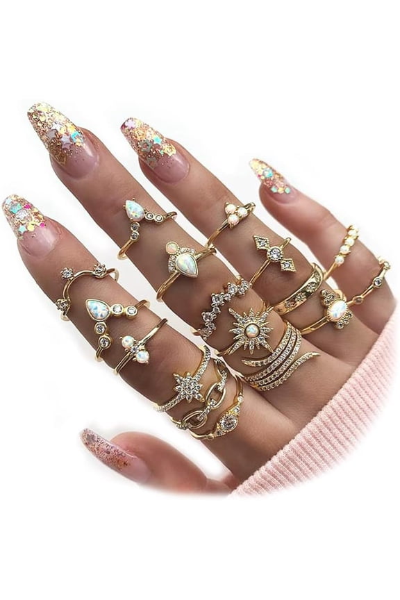 17 Pcs Bohemian Stackable Joint Knuckle Ring Set Crystal Opal Genstone Sun Star Finger Ring Diamond-studded Midi Rings for Women