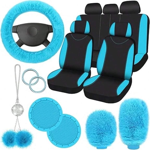 17 Pcs Car Seat Cover Full Set For Women Universal Fit Car Front Rear Fluffy Steering Wheel Fleece Handbrake Shift Covers Hanging Accessory Holder Ring Emblem(Rose Red Black),Car Seat Cover Full Set