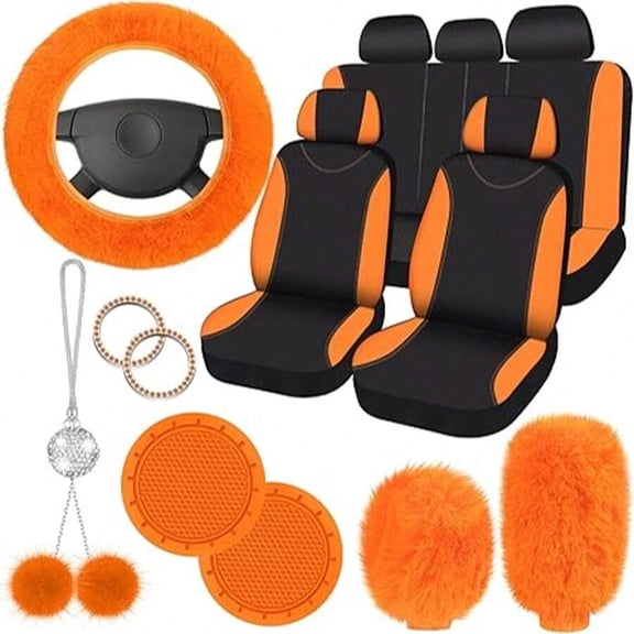 17 Pcs Car Seat Cover Full Set For Women Universal Fit Car Front Rear Fluffy Steering Wheel Fleece Handbrake Shift Covers Hanging Accessory Holder Ring Emblem(Rose Red Black),Car Seat Cover Full Set