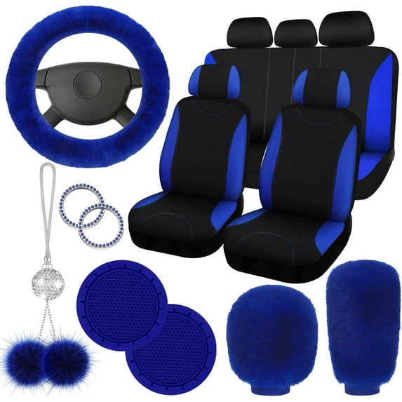 17 Pcs Car Seat Cover Full Set for Women Universal Fit Car Front Rear Seat Covers Fluffy Steering Wheel Covers Fleece Handbrake Shift Cover Hanging Accessory Holder Ring Emblem (Pink Black)