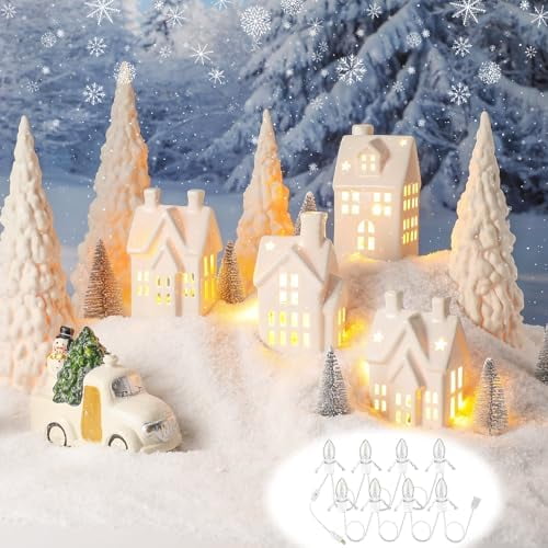 17 Pcs Ceramic White Christmas Village Sets LED Lighted Ceramic Winter Village Houses Porcelain Christmas Tree Plastic Vintage Truck for Xmas Winter Party Table Centerpiece Decorations