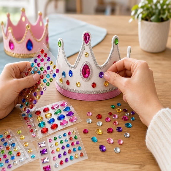 17 Pcs DIY Foam Crown Craft Kit, Multicolor Customizable Rhinestone Crowns with Sparkling Gem Stickers, Adjustable Foam Party Crown Hats for Holiday Decor, Birthday Party Celebration