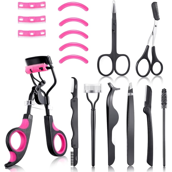 17 Pcs Eyelash Curlers Kit Lash Curler Eyelash Comb Seperator Eyelash Extension Tweezers Eyebrow Brush Scissors False Eyelashes Applicator Eyebrow Trimmer Silicone Refills Pads for Women (Purple)