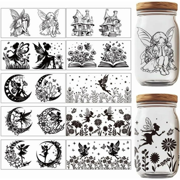 17 Pcs Fairy UV DTF Cup Wraps Elf Transfer Stickers Black Floral Butterfly Moon Printed UV Rub Transfer Stickers for 16 Oz Glass Cups Milk Tea Cups Mugs Container Decor