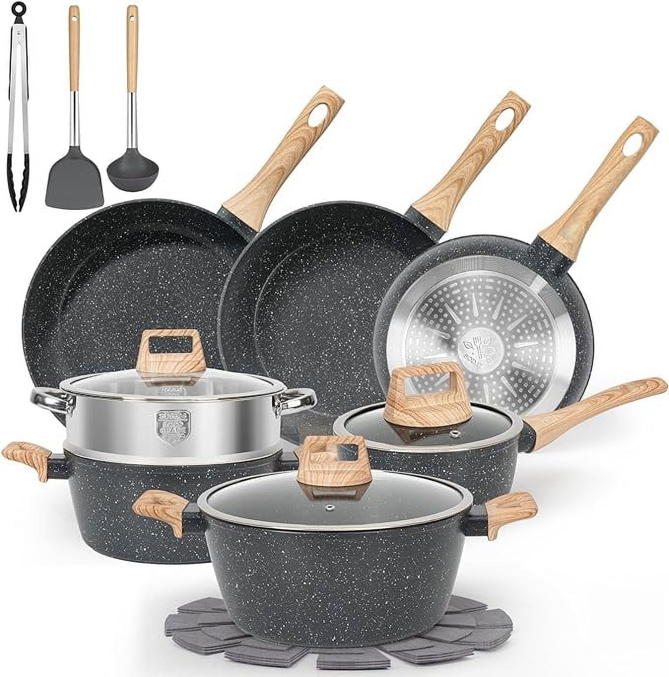 17 Pcs Granite Kitchen Nonstick Cookware Set, Frying Pan, Steamer, Spatula, Spoon, Black - Walmart.com