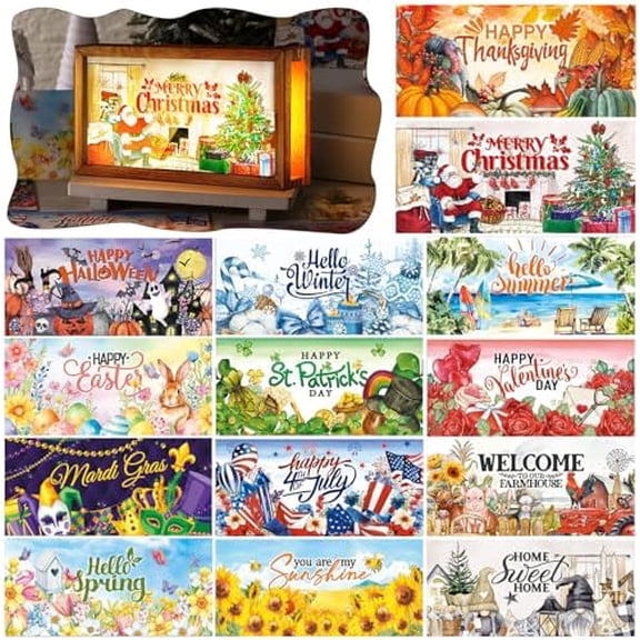 17 Pcs Interchangeable Holiday Season Sign Fall Thanksgiving Christmas Winter Night Light Shadow Box LED Welcome Wood Sign for Table Decorative Wooden Seasonal Decorations Ornament Gifts