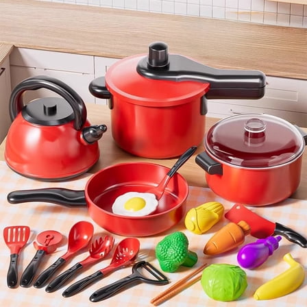 17 Pcs Kids Play Kitchen Toys Set, Toddlers Pretend Cooking Playset Acccessories with Pots Pans, Utensils Cookware, Foods, Canned Veges, Learning Gift for Kids Girls Boys (Red)